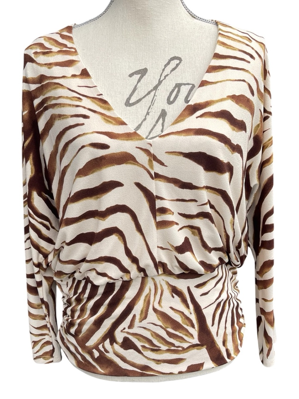 Melanie Lyne Cream/Brown Zebra Print Deep V Side Ruched Cinch Waist Top (L)